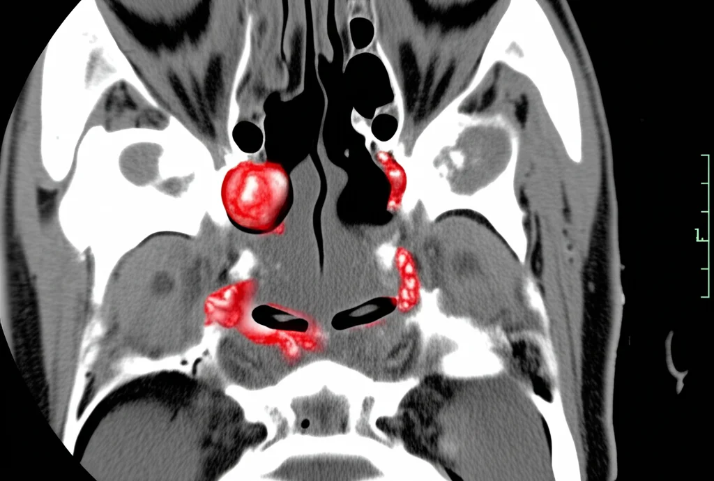 Immagine coronale di una TAC dei seni paranasali che evidenzia chiaramente polipi nasali che occupano le cavità. Dettaglio elevato, macro lens 80mm, precise focusing, illuminazione neutra da refertazione.