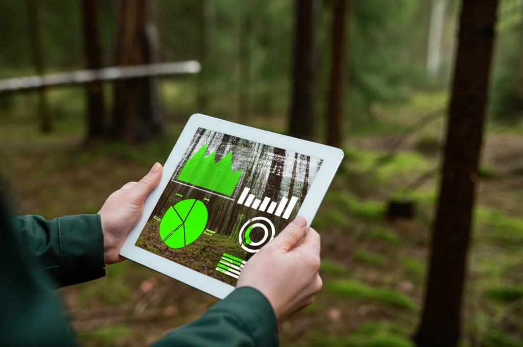 Primo piano di un tablet nelle mani di un forestale, che mostra grafici di efficienza e dati sulla foresta circostante. Macro lens, 100mm, high detail, precise focusing sullo schermo del tablet, sfondo leggermente sfocato della foresta.