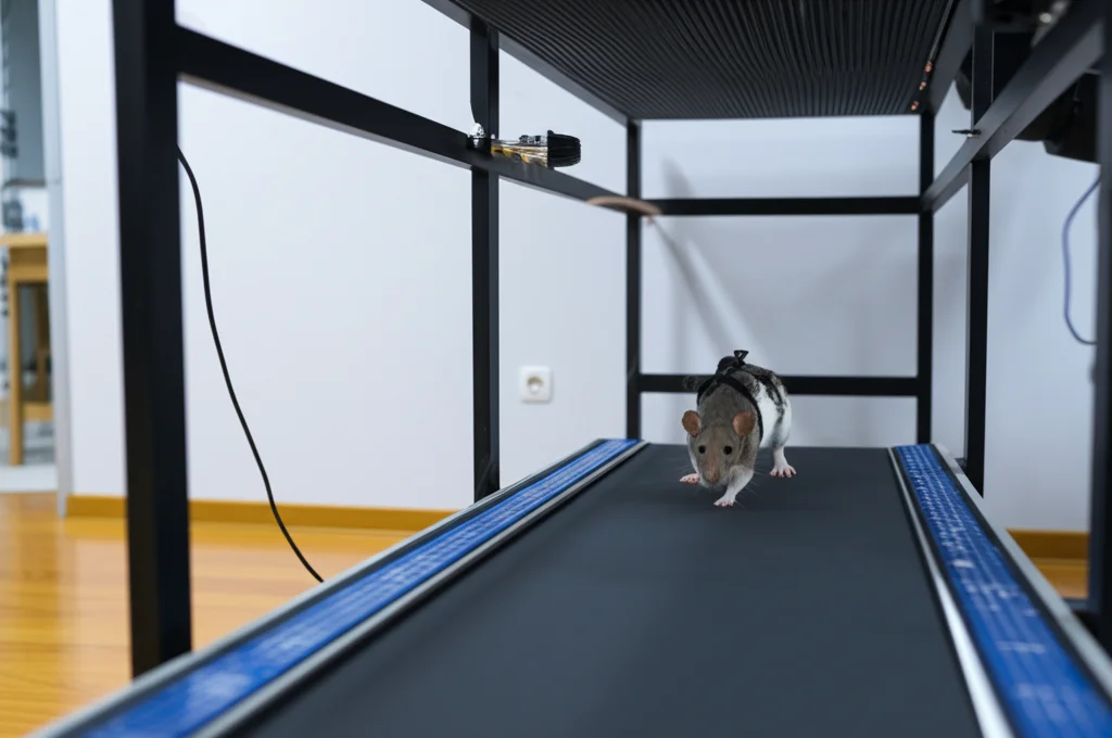 Immagine fotorealistica, teleobiettivo zoom 100-400mm, fast shutter speed, action tracking. Un ratto di laboratorio con un'imbracatura di supporto cammina su un tapis roulant specializzato in un ambiente di ricerca controllato. L'azione cattura il movimento delle zampe posteriori durante l'allenamento BWSTT.
