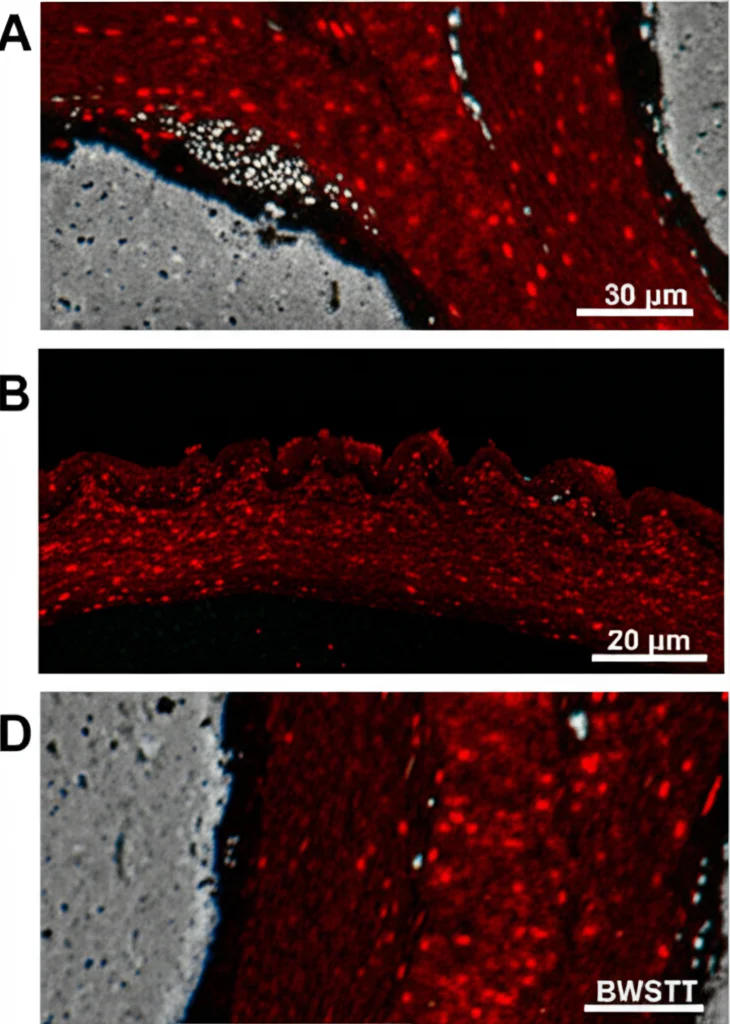 Immagine fotorealistica, macro lens 100mm, high detail, precise focusing, controlled lighting. Sezione longitudinale di midollo spinale di ratto dopo lesione. Immunofluorescenza che mostra gli astrociti reattivi (marcatore GFAP in rosso) al bordo della lesione. Confronto tra un campione non trattato (molti astrociti rossi ipertrofici) e uno trattato con BWSTT (meno astrociti rossi, meno reattivi).