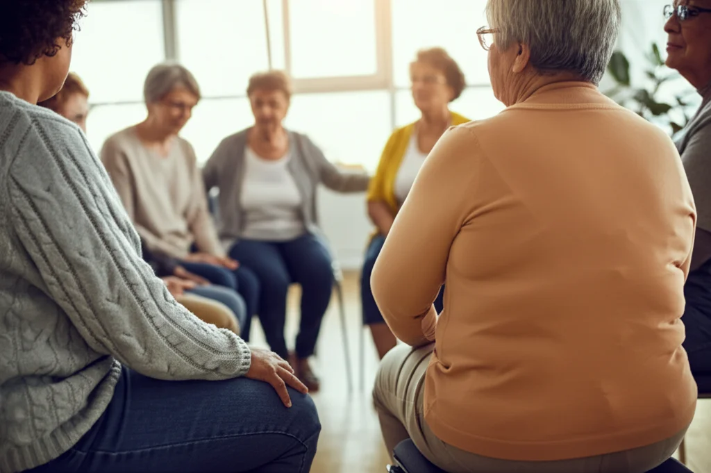 Fotografia di ritratto di gruppo, persone di età diverse sedute in cerchio in una stanza luminosa durante una sessione di supporto per sopravvissuti al cancro, espressioni empatiche, profondità di campo per sfocare leggermente lo sfondo, obiettivo 35mm, toni caldi e accoglienti.