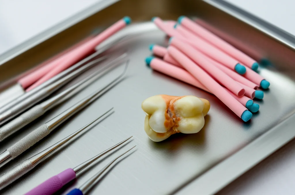 Macro fotografia, lente 90mm, alta definizione, di un dente molare umano estratto con una preparazione per trattamento canalare visibile, posizionato accanto a strumenti endodontici come lime e guttaperca su un vassoio sterile, illuminazione controllata da studio.