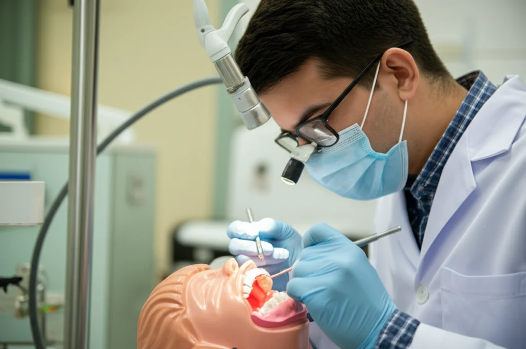 Fotografia di ritratto, 35mm, profondità di campo ridotta, che mostra uno studente di odontoiatria concentrato mentre utilizza strumenti endodontici su un dente montato su un manichino in un laboratorio di simulazione preclinica. Luce ambientale morbida.