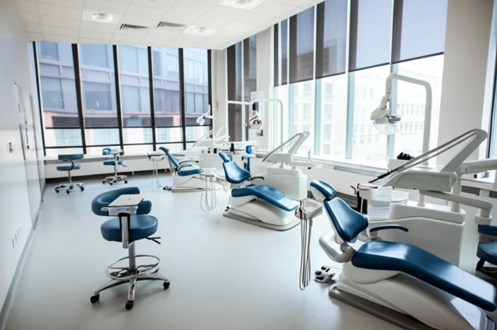 Fotografia grandangolare, 20mm, messa a fuoco nitida, di un'aula universitaria moderna per l'odontoiatria con postazioni di simulazione preclinica vuote. Luce naturale proveniente dalle finestre.