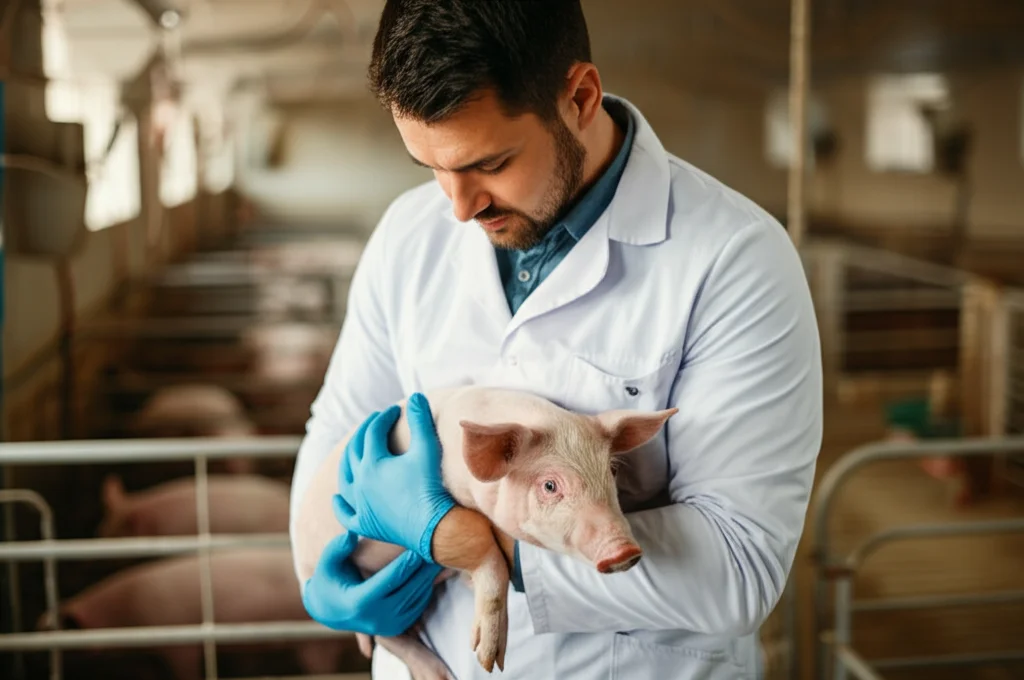 Fotografia di un veterinario in camice bianco e guanti blu che esamina attentamente un suinetto roseo tenuto in braccio, all'interno di un allevamento moderno e pulito. Obiettivo prime 35mm, profondità di campo che sfoca leggermente lo sfondo delle stalle, luce naturale.