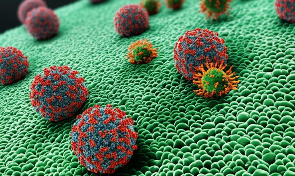 Micrografia elettronica a colori, stilizzata ma realistica, che mostra particelle virali sferiche e icosaedriche (rappresentanti SIV, PRRSV, PCV2) adese alla superficie di una cellula ospite. Obiettivo macro ad altissima definizione, illuminazione scientifica che evidenzia le strutture virali.