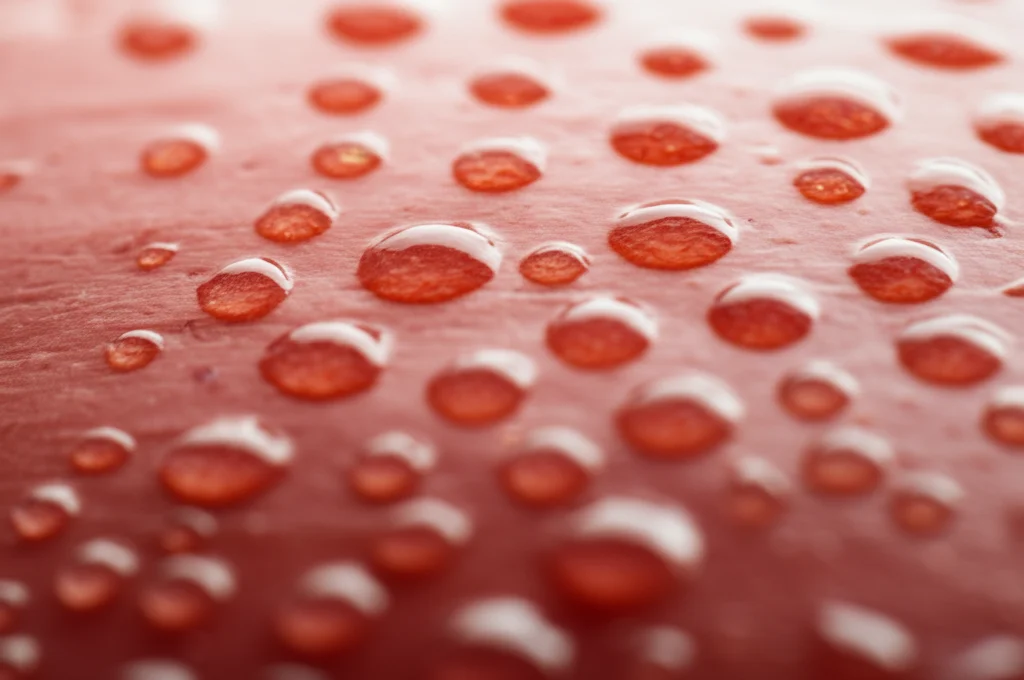 Primo piano macro di gocce stilizzate che rappresentano l'acido gastrico su una superficie che simula la mucosa esofagea, illuminazione controllata ad alto contrasto per evidenziare la texture, lente macro 100mm, alta definizione.