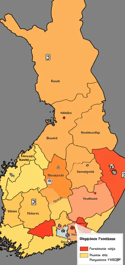 Mappa stilizzata della Finlandia che evidenzia le regioni con maggiore frequenza della delezione TYROBP, utilizzando colori caldi per le alte frequenze e freddi per le basse. Sovrapposta, una rappresentazione grafica di un albero genealogico che illustra l'effetto fondatore. Obiettivo grandangolare 24mm, luce naturale diffusa.