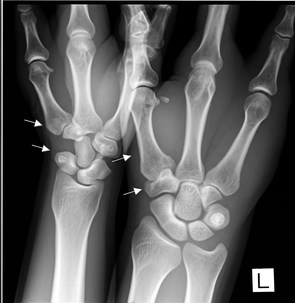 Radiografia in bianco e nero di polsi e caviglie che mostra piccole aree cistiche traslucide nelle ossa (es. lunato, calcagno), evidenziate da frecce sottili. Dettaglio elevato, illuminazione da studio controllata, obiettivo macro 60mm.