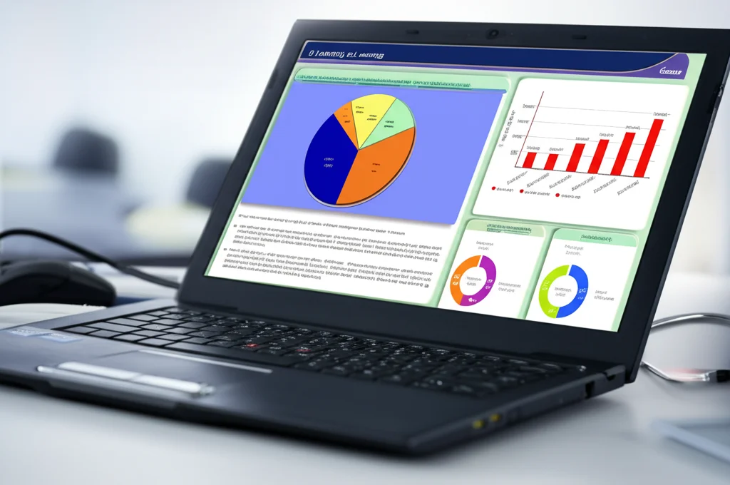 Schermo di un computer portatile che mostra un modulo interattivo di e-learning medico sulla gestione del dolore pediatrico, con grafici colorati e testo esplicativo. Obiettivo macro 80mm, alta definizione, illuminazione controllata e professionale.