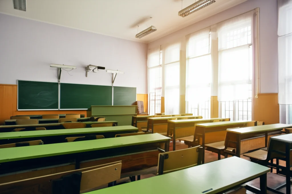 Aula universitaria vuota con lavagna e banchi, luce naturale che entra dalle finestre. Rappresenta la formazione tradizionale pre-progetto. Obiettivo grandangolare 20mm, messa a fuoco nitida.