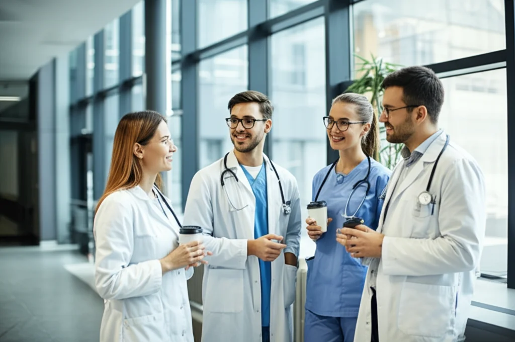 Gruppo di giovani medici specializzandi in pediatria, sorridenti e collaborativi, durante una pausa caffè in un ambiente ospedaliero moderno e luminoso. Obiettivo 35mm, stile documentaristico, luce naturale.