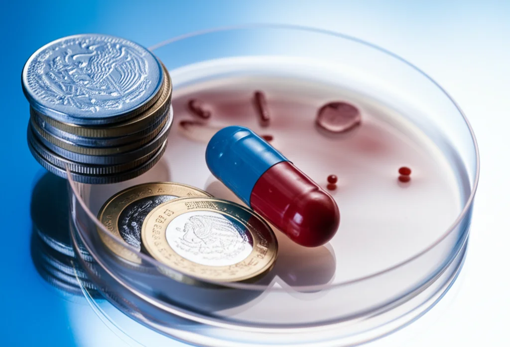 Macro lens, 60mm, high detail, controlled lighting. Una pila di monete messicane accanto a una capsula di Petri con coltura batterica della tubercolosi, a simboleggiare il costo economico della malattia e la necessità di fondi per la ricerca e la cura.