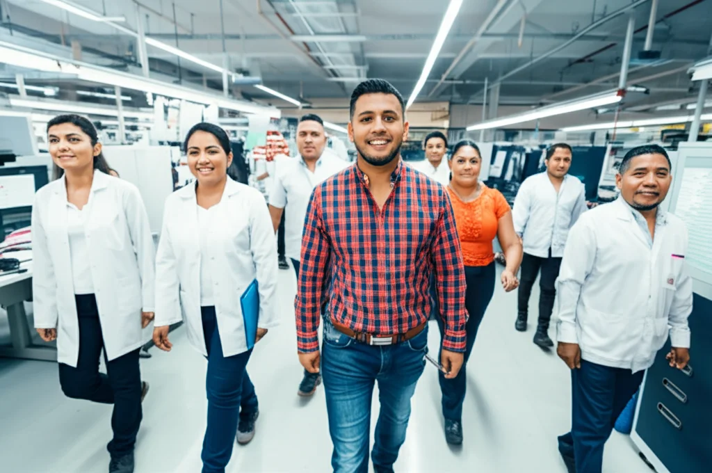 Telephoto zoom, 150mm, fast shutter speed, action tracking. Un gruppo diversificato di lavoratori messicani sorridenti e produttivi in un ambiente di lavoro luminoso e moderno (ufficio, laboratorio o fabbrica pulita), a simboleggiare il capitale umano sano e l'impatto positivo sulla produttività economica derivante da una buona salute pubblica.
