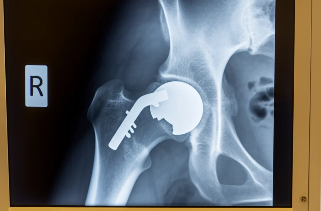Immagine fotorealistica di una radiografia del femore che mostra chiaramente una frattura vicino a un impianto di protesi d'anca. La radiografia è illuminata su un visore medico in una stanza leggermente oscurata. Dettaglio macro, illuminazione controllata per evidenziare la linea di frattura e l'interfaccia tra l'osso e l'impianto metallico. 100mm Macro lens, high detail.