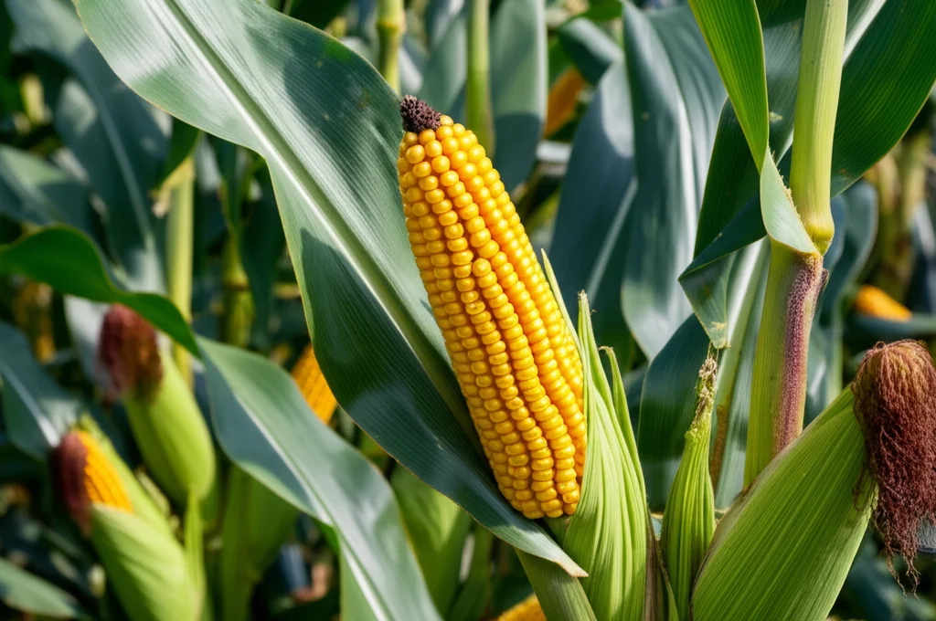 Campo di mais rigoglioso sotto il sole, teleobiettivo zoom 200mm, focus sulle pannocchie mature e piene trattate con FOLM, confronto visivo con piante meno sviluppate sullo sfondo (controllo), leggera profondità di campo.