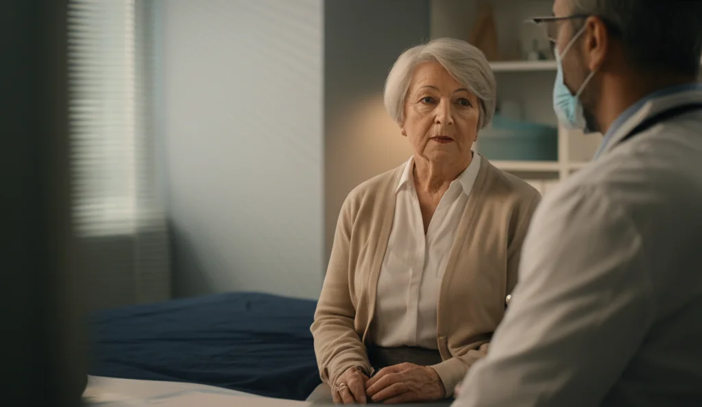 Ritratto fotorealistico di una donna anziana, circa 75 anni, con un'espressione attenta ma serena, mentre discute con un medico reumatologo nel suo studio. Luce naturale entra da una finestra laterale, creando una leggera profondità di campo che sfoca lo sfondo. 35mm portrait, depth of field, natural lighting.