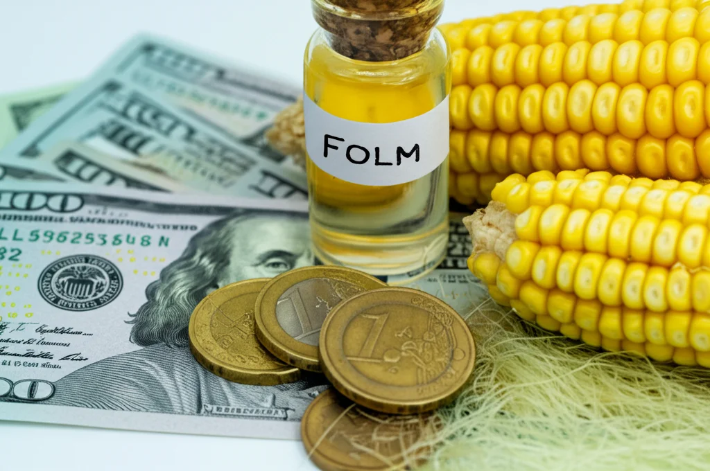 Primo piano, obiettivo macro 100mm, monete e banconote (Euro o Dollari) accanto a una piccola bottiglia etichettata 'FOLM' e a una pannocchia di mais matura, simboleggiando la redditività economica, illuminazione da studio.