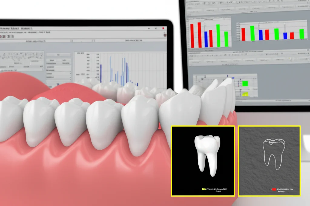 Visualizzazione 3D da software Micro-CT che mostra lo spazio (gap) colorato tra una struttura metallica dentale e il modello del dente. Evidenziazione delle aree marginali e interne. Schermo di computer in background con grafici di analisi. Alta definizione, illuminazione tecnica.
