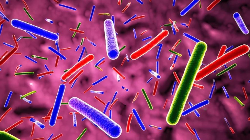 Immagine fotorealistica scattata con lente macro da 105mm, ad alto dettaglio. Rappresentazione concettuale di batteri intestinali sani e diversificati, magari come sfere o bastoncelli microscopici colorati che prosperano in un ambiente intestinale astratto. Illuminazione controllata e vibrante che suggerisce salute ed equilibrio.