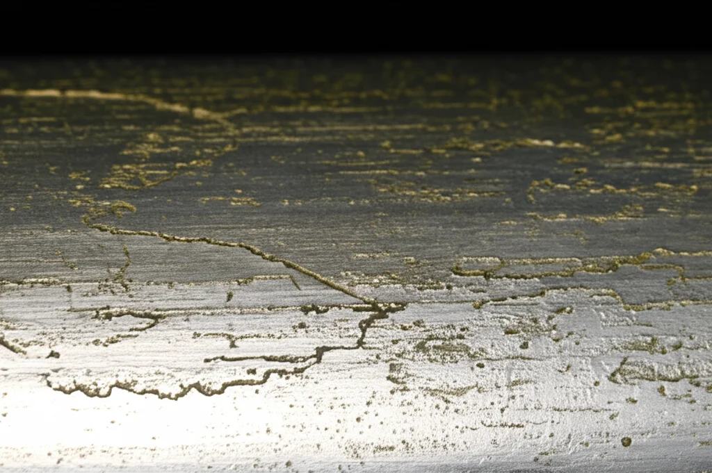 Macro fotografia, lente 90mm, di una sezione trasversale di un casing metallico (tubo d'acciaio P110) per pozzi di stoccaggio gas, che mostra micro-fratture e segni di deformazione plastica sulla parete interna dovuti all'ancoraggio di un packer slip. Illuminazione controllata per evidenziare i dettagli della superficie metallica danneggiata.