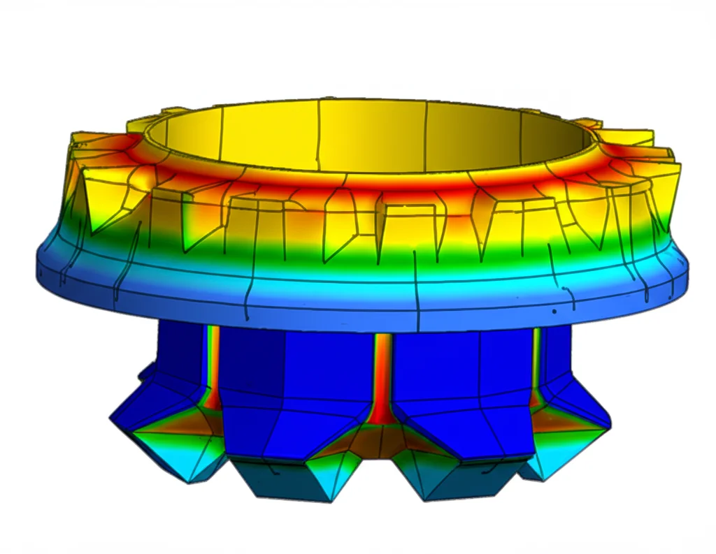Visualizzazione 3D da software di analisi agli elementi finiti (FEA) come Ansys Workbench, che mostra la distribuzione dello stress (colori dal blu al rosso) su un modello di casing e packer slip. Focus nitido sui denti dello slip che penetrano la parete interna del casing. Dettaglio elevato delle zone di contatto.