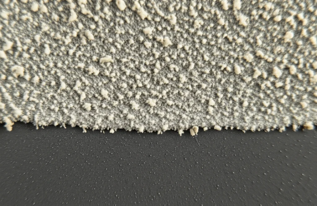 Immagine macro, obiettivo 90mm, di una superficie metallica grigio scuro (lega Ti-6Al-4V prodotta con EBM) parzialmente ricoperta da uno strato più chiaro e leggermente granuloso (rivestimento di alluminio applicato con Cold Spray). Illuminazione controllata per evidenziare la texture e l'interfaccia tra i due materiali. Alta definizione, messa a fuoco precisa sull'area di transizione.
