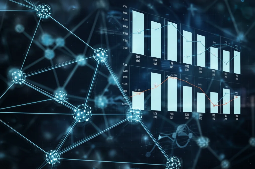 Visualizzazione 3D astratta di reti genetiche complesse con nodi luminosi che rappresentano i geni legati al metabolismo della taurina, collegati a grafici di sopravvivenza stilizzati. Macro lens, 100mm, high detail, controlled lighting, sfondo scuro e scientifico.