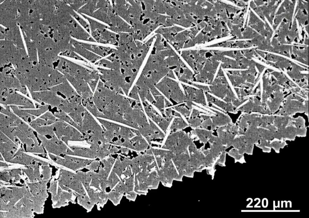 Micrografia elettronica a scansione (SEM) fotorealistica, vista in sezione trasversale. Si vede l'interfaccia tra il substrato di titanio (struttura lamellare scura) e il rivestimento di alluminio (matrice più chiara). All'interfaccia, una sottile zona frastagliata a dente di sega (intermetallico TiAl3). All'interno del rivestimento, strutture aghiformi/fibrose chiare (TiAl3) disperse nella matrice di Al. Alto dettaglio, illuminazione da laboratorio.