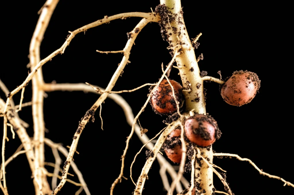 Fotografia macro, obiettivo 100mm, di radici di Cajanus cajan dissotterrate con noduli radicali ben visibili, alta definizione, messa a fuoco precisa sui noduli, illuminazione controllata da studio per evidenziare la struttura.