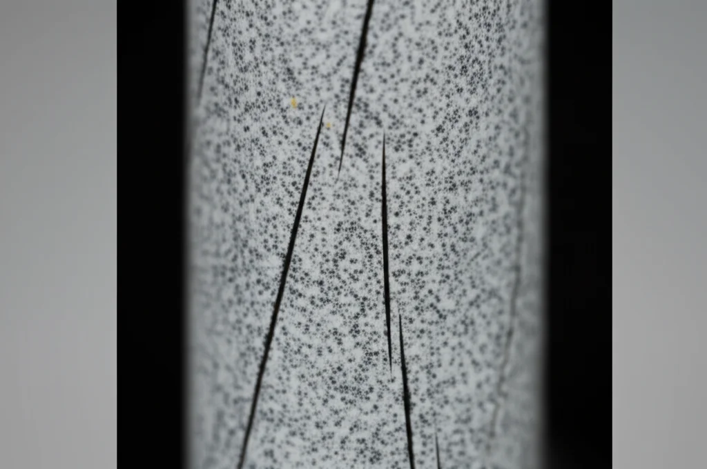 Macro fotografia di un campione cilindrico di arenaria grigia in laboratorio prima del test di compressione, 100mm macro lens, illuminazione controllata da studio per evidenziare la texture granulare e le fratture parallele pre-esistenti incise artificialmente, alta definizione, messa a fuoco precisa sulle fratture.