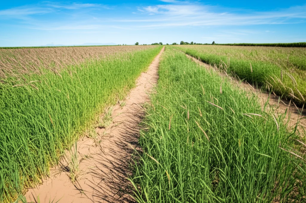 Scatto paesaggistico grandangolare, obiettivo 15mm, di un campo sperimentale con appezzamenti distinti: a sinistra Eragrostis curvula rigogliosa (rotazione), a destra Eragrostis curvula meno sviluppata (monocoltura), messa a fuoco nitida su tutto il campo, luce solare intensa, cielo azzurro con qualche nuvola.