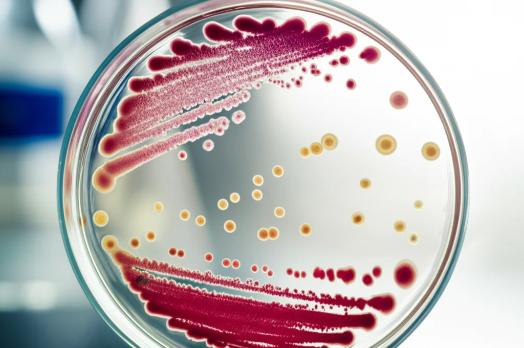 Still life, macro lens 80mm, di una piastra di Petri aperta in laboratorio contenente colonie batteriche colorate e diverse isolate dal suolo, alta definizione, illuminazione controllata per evidenziare le texture delle colonie, sfondo sfocato del laboratorio.