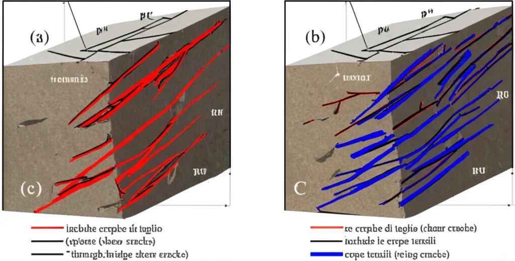 Visualizzazione 3D da simulazione numerica PFC che mostra l'evoluzione delle crepe in un campione di arenaria fratturata sotto compressione. Evidenziare in rosso le crepe di taglio (shear cracks), incluse le 'through-bridge shear cracks', e in blu le crepe tensili (wing cracks). Stile illustrazione scientifica, sharp focus, sfondo neutro.