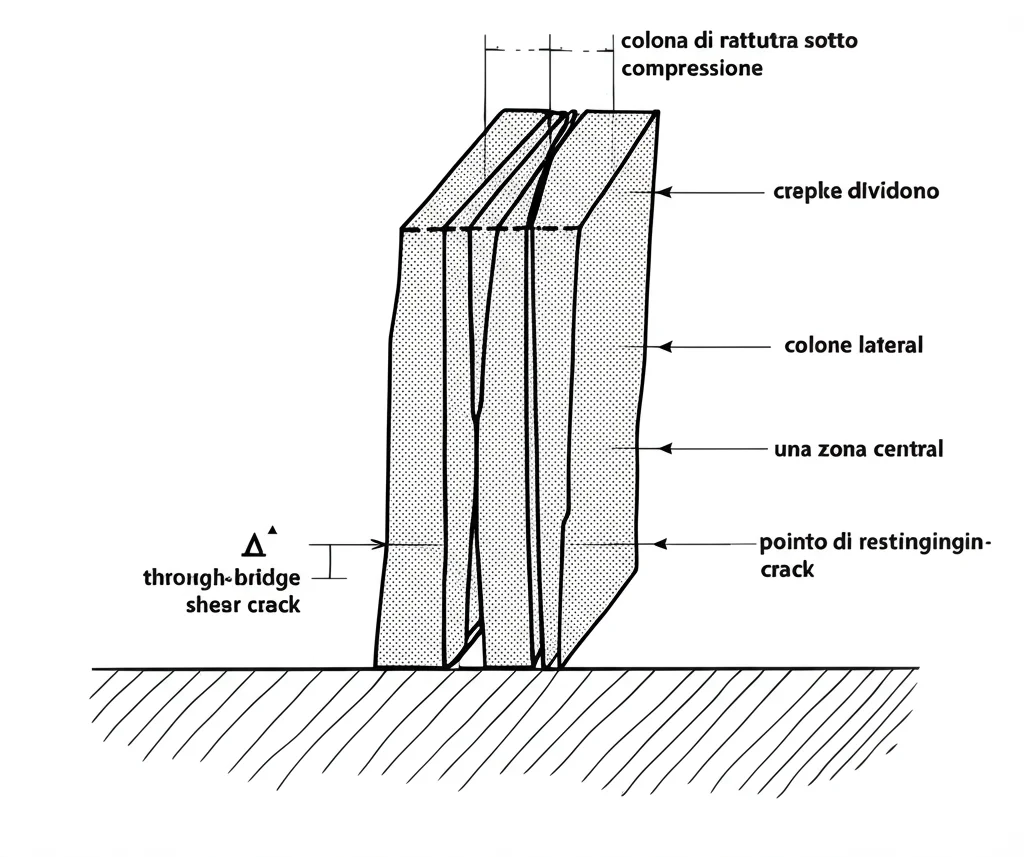 Diagramma schematico che illustra la teoria della 'colonna' in un campione di roccia fratturata sotto compressione. Mostra come le crepe dividono il campione in colonne laterali e una zona centrale, evidenziando il punto di restringimento 'Δ' causato dalla 'through-bridge shear crack'. Stile disegno tecnico, chiaro e pulito.