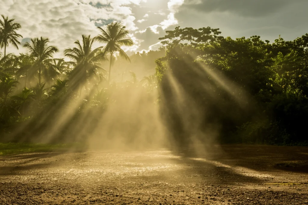 Fotografia wide-angle di un paesaggio tropicale dopo una pioggia recente, vapore acqueo che sale dal terreno caldo illuminato da raggi di sole che filtrano tra le nuvole. Obiettivo grandangolare 20mm, messa a fuoco nitida, effetto raggi crepuscolari, atmosfera umida visibile.