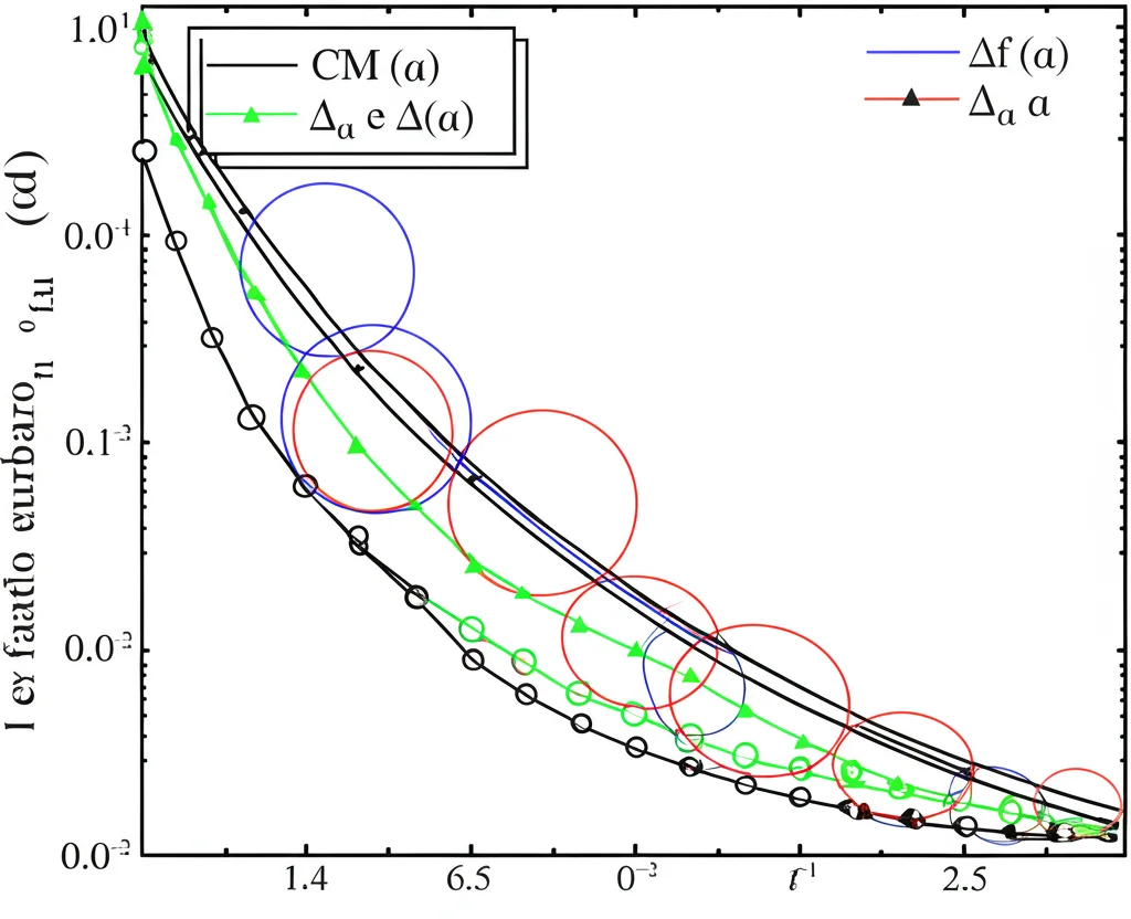 Grafico scientifico che mostra l'evoluzione temporale dei parametri multifrattali Δα e Δf(α) (linee colorate) sovrapposto alla curva sforzo-deformazione (linea nera) di un test di compressione su arenaria. Evidenziare con cerchi i 'salti' nei parametri multifrattali vicino al picco di sforzo. Stile pulito, etichette chiare.