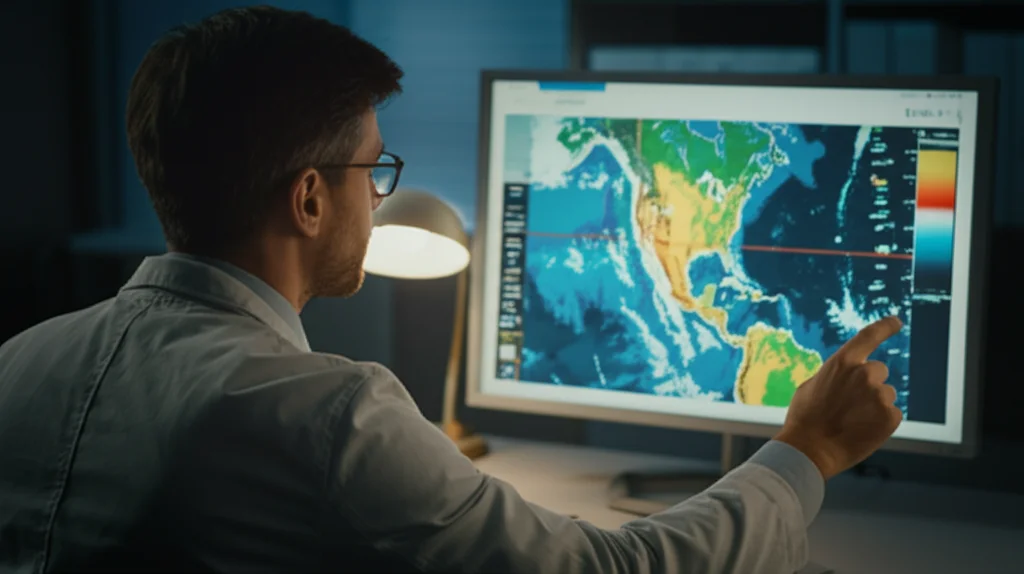 Immagine fotorealistica di uno scienziato che osserva dati satellitari su uno schermo, mostrando mappe di pioggia e umidità del suolo sovrapposte a una regione tropicale. Obiettivo 50mm, profondità di campo ridotta focalizzata sullo schermo, illuminazione da ufficio realistica.