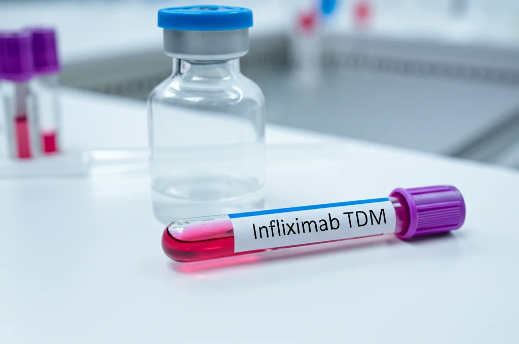 Primo piano di una provetta di sangue etichettata 'Infliximab TDM' accanto a un flacone del farmaco, su un bancone di laboratorio pulito. Illuminazione controllata da laboratorio, lente macro 90mm, alta definizione dei dettagli sulla texture del vetro e del liquido.