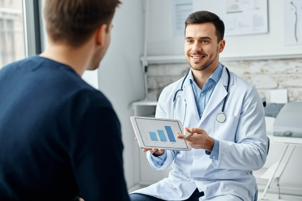 Medico sorridente che mostra un tablet con un grafico semplice a un paziente seduto di fronte a lui in un ambulatorio accogliente. Ritratto con lente 35mm, luce naturale dalla finestra, profondità di campo media per mantenere entrambi i soggetti a fuoco.