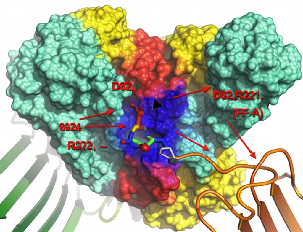 Primo piano del sito attivo dell'enzima AftB che mostra l'analogo del substrato donatore (2F-FPA) legato nella cavità, con i residui amminoacidici chiave evidenziati (come D62, R221, R372), obiettivo macro 80mm, messa a fuoco precisa sui dettagli molecolari, illuminazione da laboratorio.