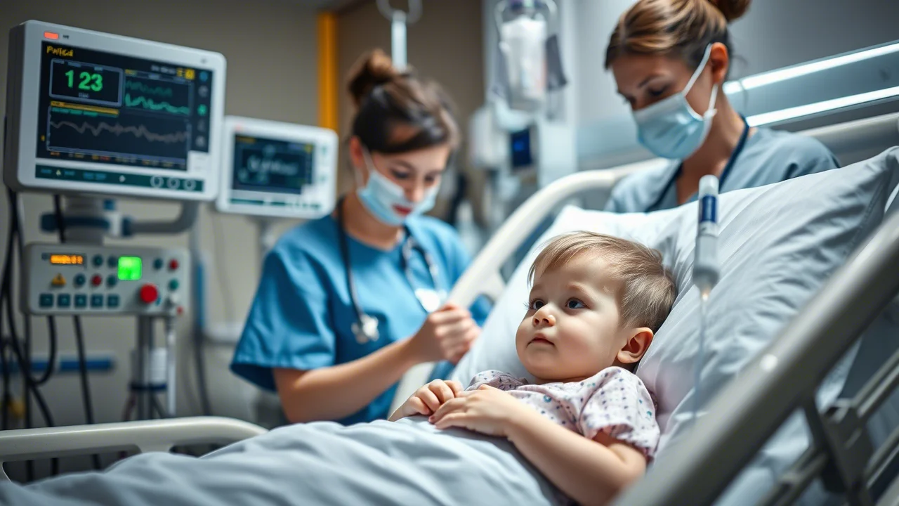 Fotografia realistica di un bambino in un letto di terapia intensiva pediatrica (PICU), collegato a monitor, che riceve una flebo di antibiotico (meropenem). Un'infermiera attenta controlla i parametri vitali e la pompa di infusione. Obiettivo prime 35mm, profondità di campo per sfocare leggermente lo sfondo, illuminazione controllata da ospedale, alta definizione dei dettagli sul volto del bambino e sull'attrezzatura.