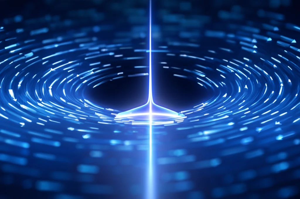 Visualizzazione 3D di un condensato di Bose-Einstein blu traslucido con un anello di vortice luminoso e una linea di vortice centrale che lo attraversa. Illuminazione controllata, alta definizione, stile macro, focale 60mm, per evidenziare la struttura fine del vortice e il campo di velocità circostante rappresentato da piccole frecce.