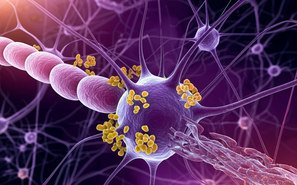 Visualizzazione 3D stilizzata di un neurone umano con grovigli neurofibrillari (filamenti viola aggrovigliati) e placche amiloidi (macchie gialle/arancioni) all'esterno, focus nitido sull'interazione tra placche e membrana neuronale, illuminazione controllata da studio, lente macro 90mm, alto dettaglio scientifico.