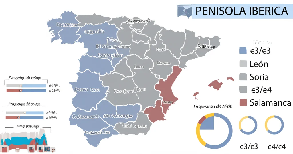 Mappa stilizzata della Penisola Iberica con la regione di Castilla y León evidenziata. All'interno della regione, le province di León, Soria e Salamanca sono colorate diversamente e mostrano grafici a torta semplificati che rappresentano le diverse frequenze dei genotipi APOE (es. ε3/ε3, ε3/ε4, ε4/ε4), stile infografica chiara e moderna.