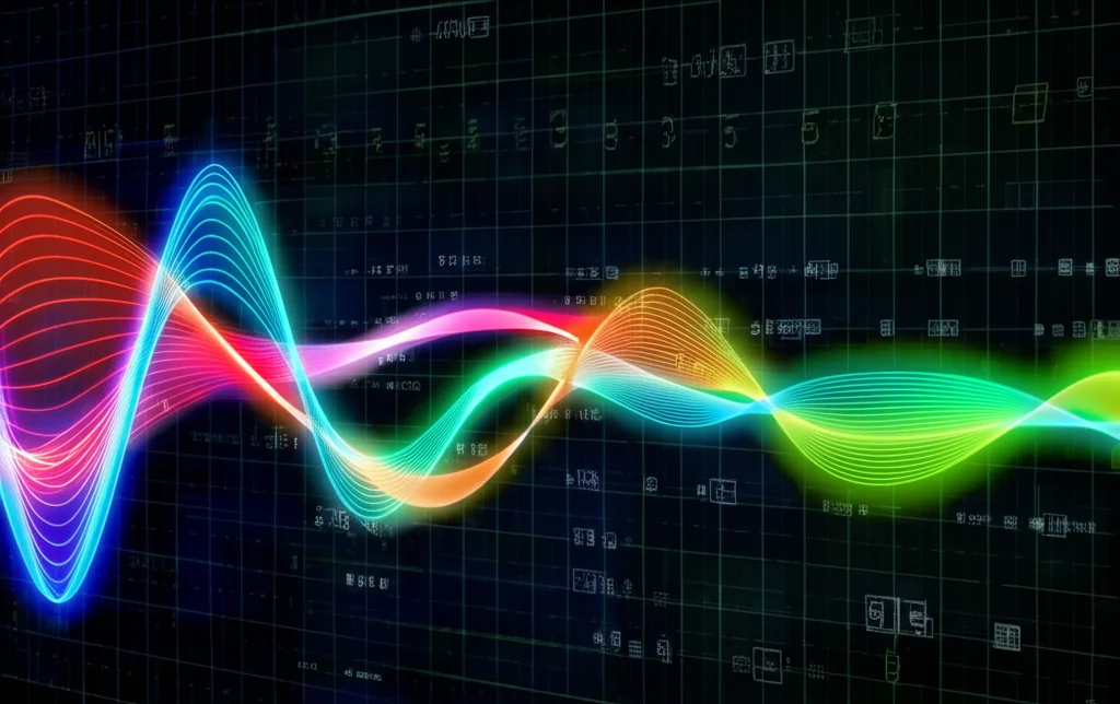 Visualizzazione grafica astratta che rappresenta la variabilità farmacocinetica. Diverse linee colorate ondulate (simbolo delle concentrazioni di farmaco nel tempo per diversi pazienti) si sovrappongono su uno sfondo digitale scuro con griglie e numeri sfocati. Alcune linee mostrano picchi e cadute rapide (clearance veloce), altre sono più piatte e durature (clearance lenta). Focus nitido sulle linee, stile high-tech, alta definizione.