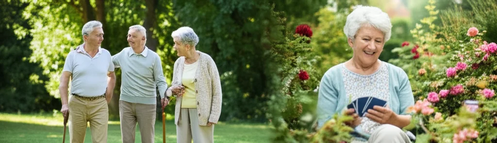 Gruppo diversificato di persone anziane sorridenti che partecipano attivamente a diverse attività: una coppia cammina all'aperto, un gruppo gioca a carte, una persona fa giardinaggio. Stile fotografico caldo e positivo, obiettivo 50mm, luce naturale, profondità di campo media per includere l'ambiente.