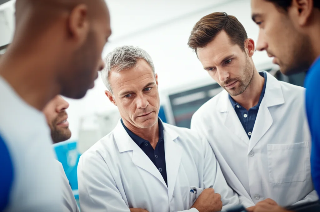 Un gruppo di esperti di tennis e fisioterapisti in una discussione tecnica, analizzando dati sul movimento in un laboratorio sportivo. Fotografia ritrattistica, obiettivo prime 35mm, profondità di campo ridotta per isolare i volti concentrati, illuminazione controllata.