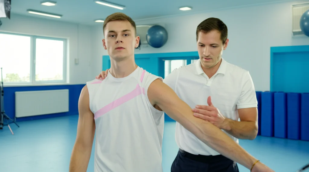 Tennista che esegue un test di screening funzionale della spalla (come la rotazione esterna o il test Empty Can) con un fisioterapista in una palestra ben illuminata. Fotografia sportiva, teleobiettivo 100mm, alta velocità dell'otturatore per congelare l'azione, tracciamento del movimento, illuminazione da studio.