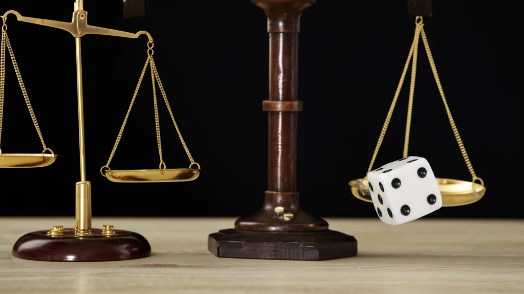 Fotografia concettuale, obiettivo 35mm, profondità di campo, che mostra due bilance della giustizia: una leggermente sbilanciata da un dado che cade, rappresentando la fortuna, l'altra perfettamente equilibrata, simboleggiando il dilemma della punizione differenziale e della colpa morale uguale nel tentativo.